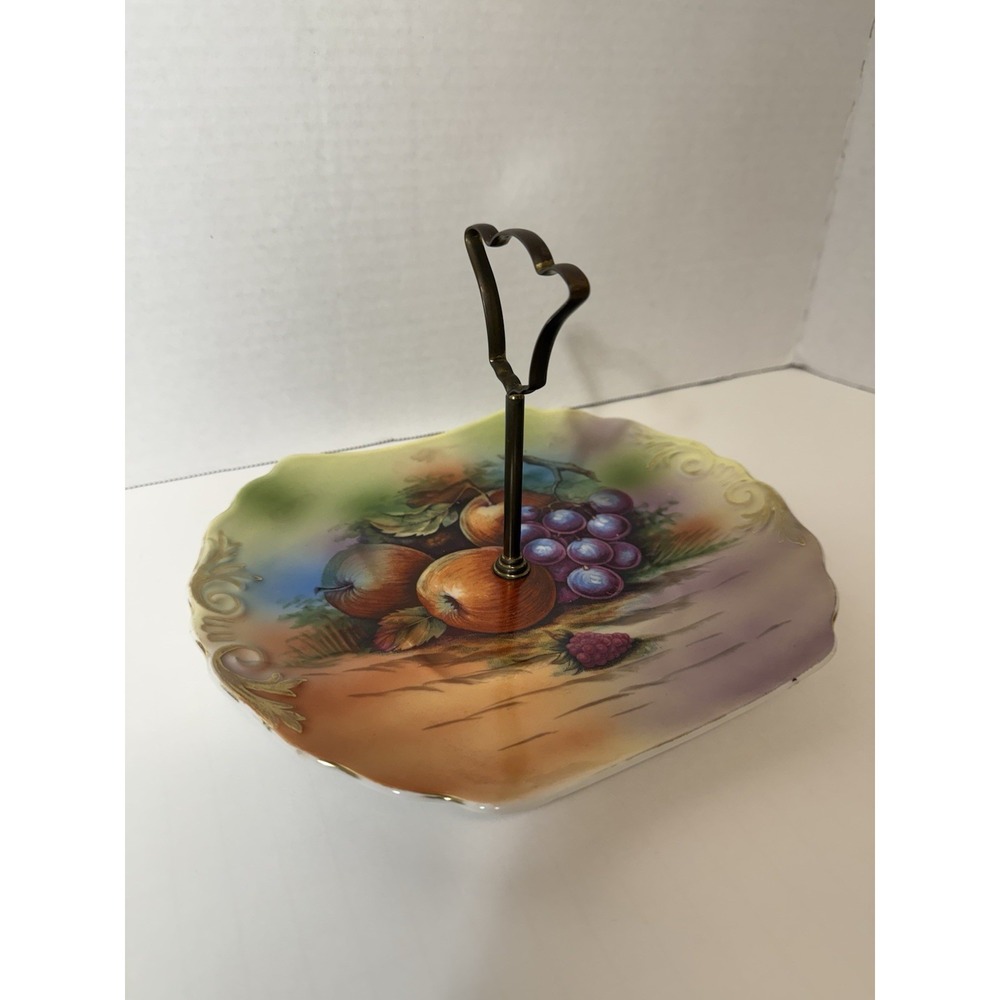 Vtg Fruit Dish Hand-painted Signed‎ Serving Handle Scalloped Edges MCM Decor
